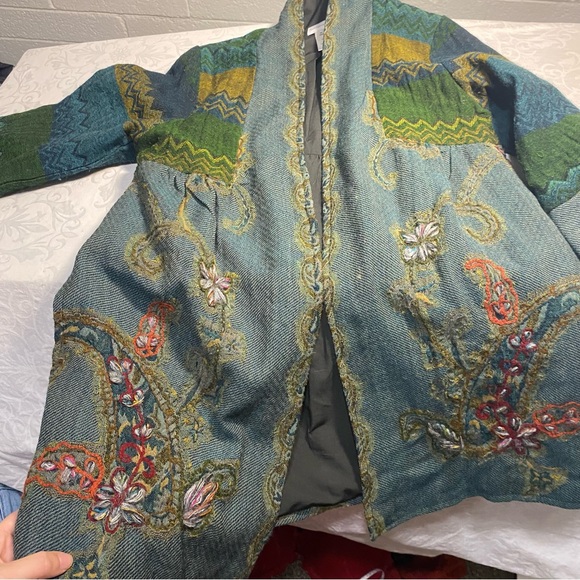 Soft Surroundings Green Izmir Wool Tapestry Embroidered Kimono Open Front XS - Picture 9 of 11